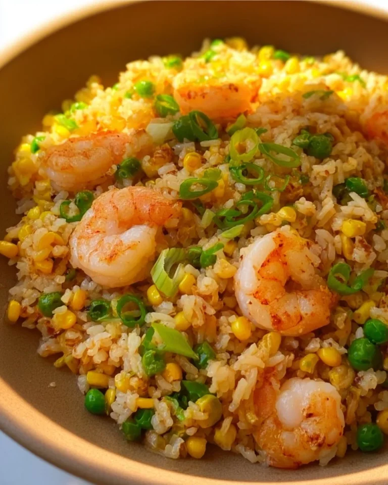 Plate of shrimp fried rice with colorful vegetables