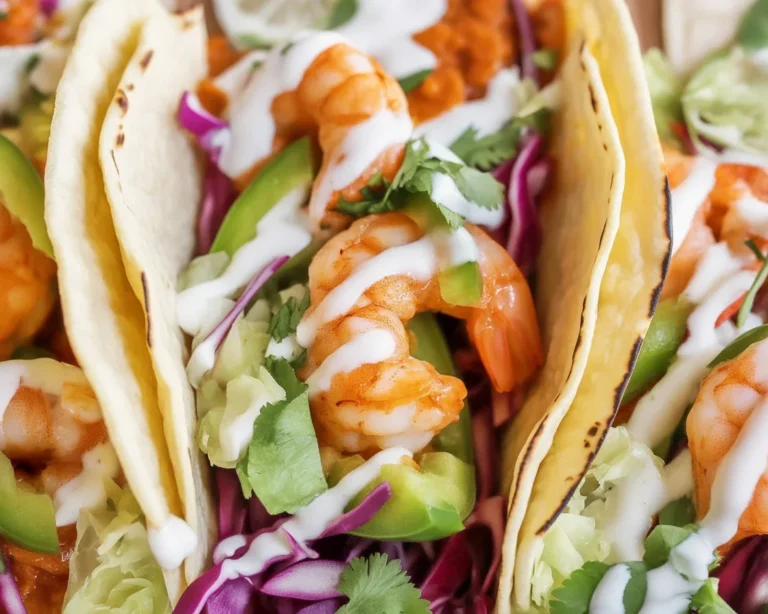 Delicious shrimp taco recipe with creamy cilantro lime slaw and juicy shrimp.