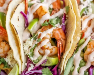Delicious shrimp tacos with creamy cilantro lime slaw and fresh ingredients.