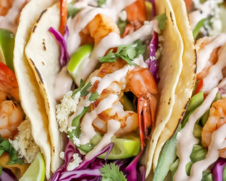 Delicious shrimp tacos with creamy cilantro lime slaw and fresh ingredients.