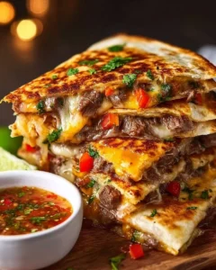 Delicious homemade steak quesadilla served on a plate with garnish.