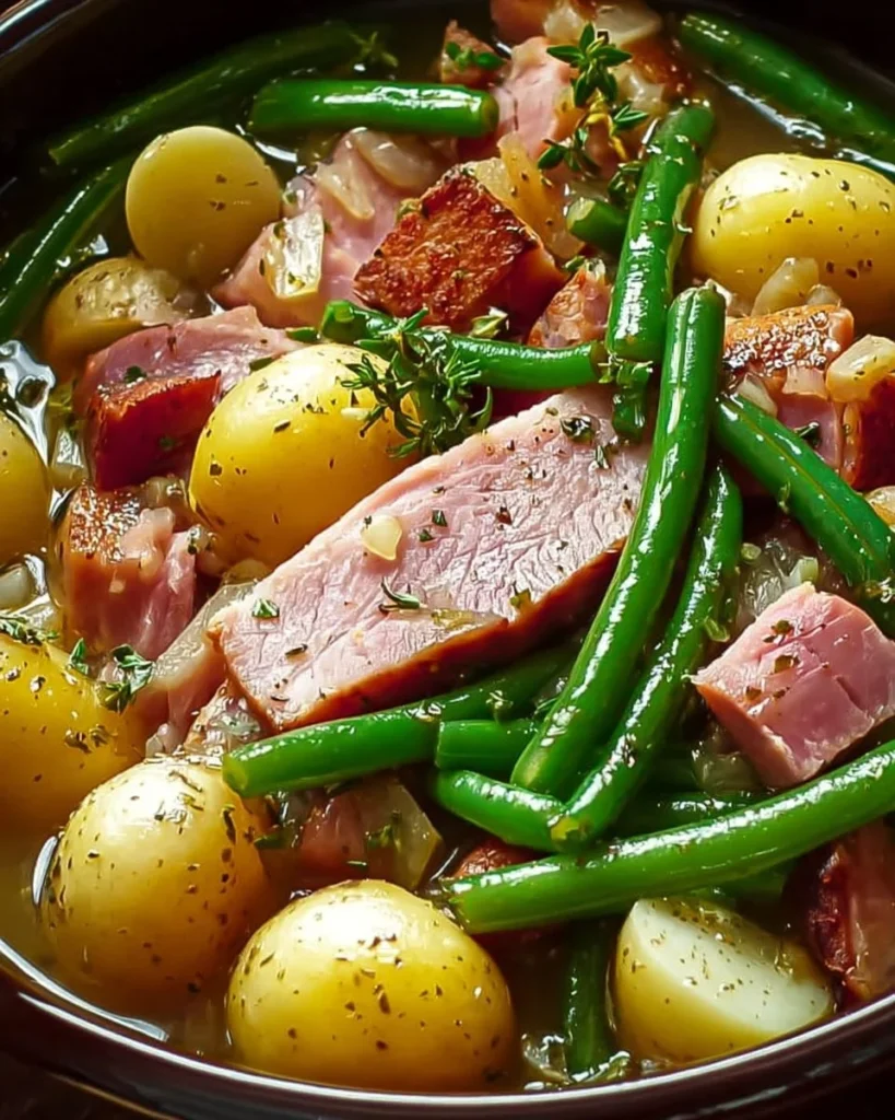 Slow-cooked ham served with green beans and potatoes on a dinner plate