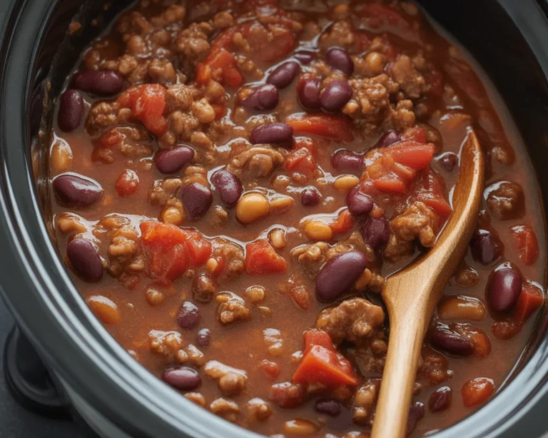 Delicious slow cooker chili recipe with ground beef and beans cooking in a crockpot.