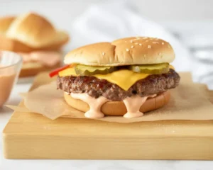 Delicious homemade smash burger with American cheese on a toasted bun.