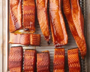 Delicious smoked salmon fillets with seasonings ready for smoking.