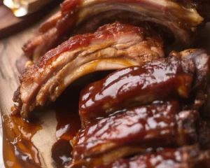 Delicious BBQ ribs cooked to perfection, fall-off-the-bone tender with smoky barbecue sauce.