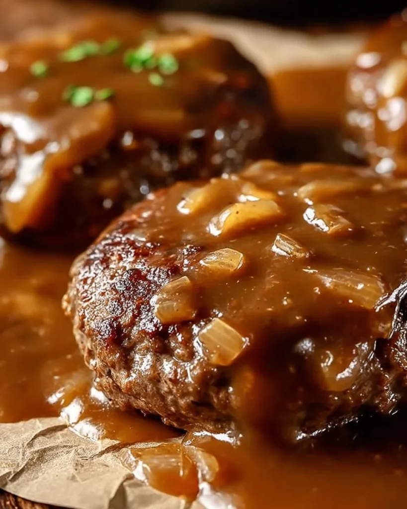 Delicious smothered hamburger steaks served with gravy and sides.