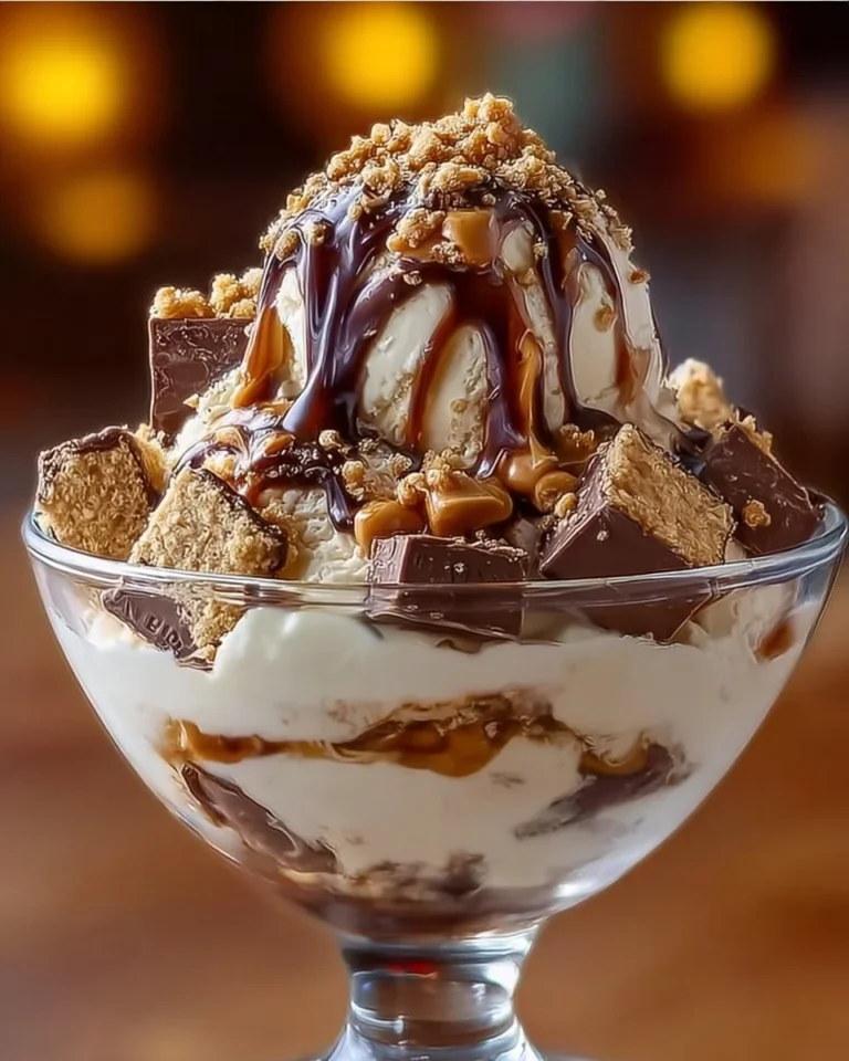 Snickers and Reese's cookie dough ice cream in a bowl with toppings