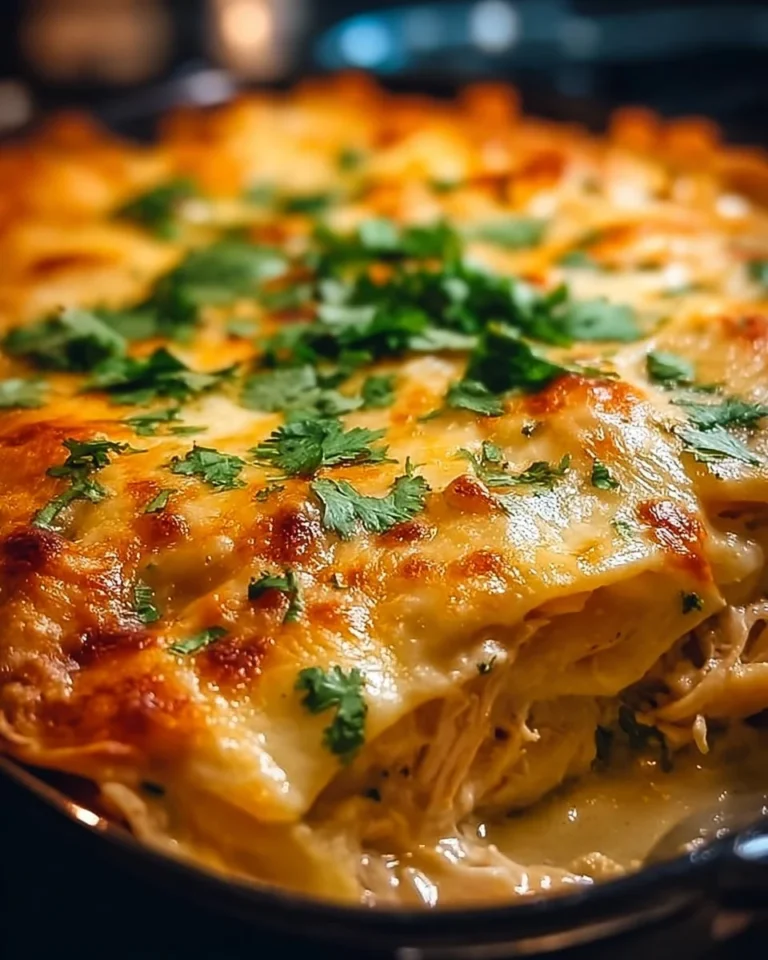 Sour Cream Chicken Enchilada Casserole topped with cheese and sour cream