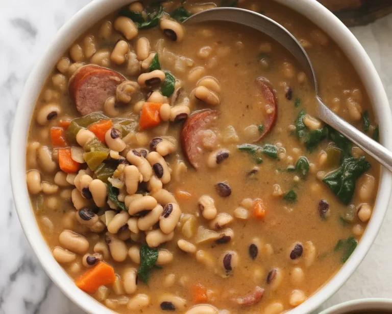 Delicious Southern black eyed peas recipe with smoked bacon and spices.