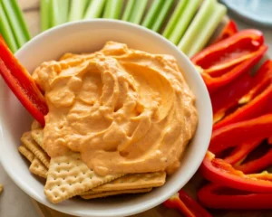 Delicious pimento cheese spread made with cheddar, cream cheese, and pimentos.