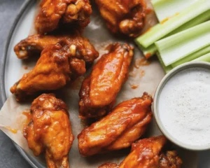 Crispy baked chicken wings served with tasty dipping sauce.
