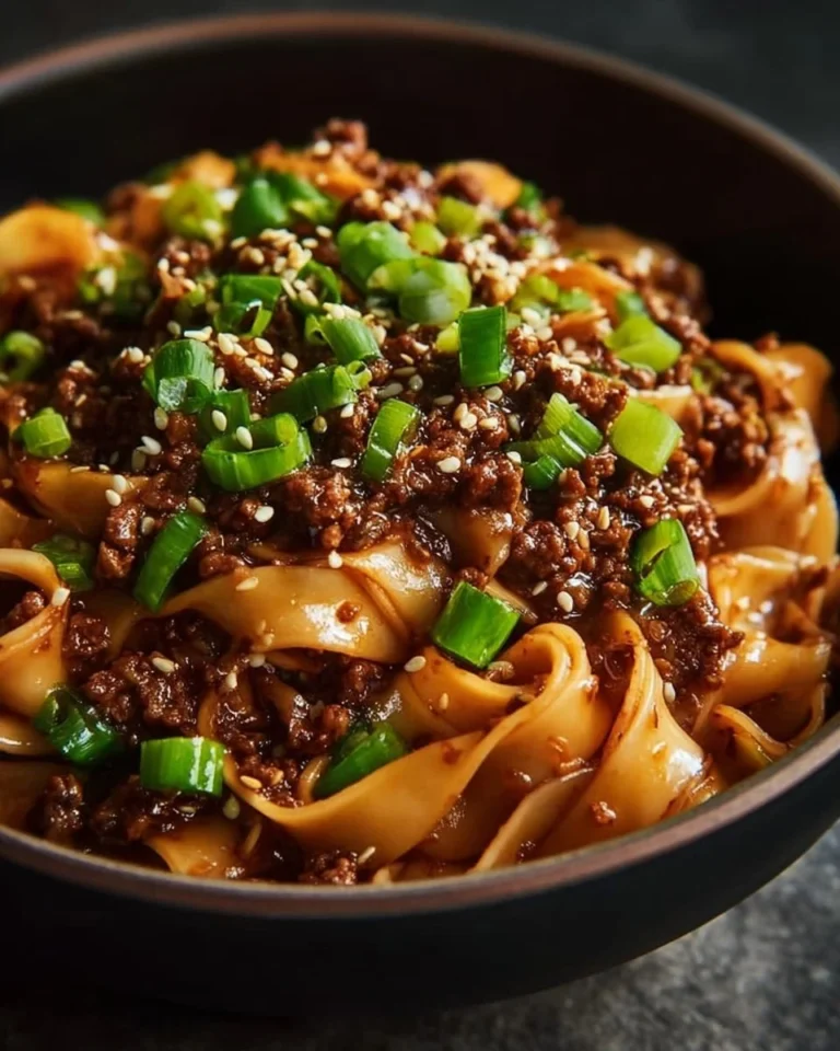 Spicy Garlic Beef Noodles topped with fresh herbs and chili flakes