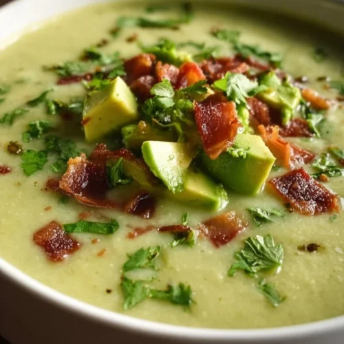 Bowl of spicy jalapeño popper soup garnished with avocado cream