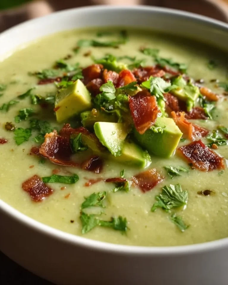 Bowl of spicy jalapeño popper soup garnished with avocado cream