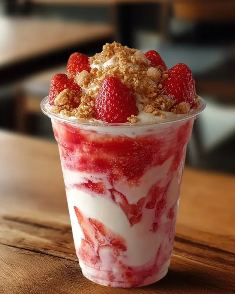 Starbucks Strawberry Shortcake Frappuccino with whipped cream and strawberry topping