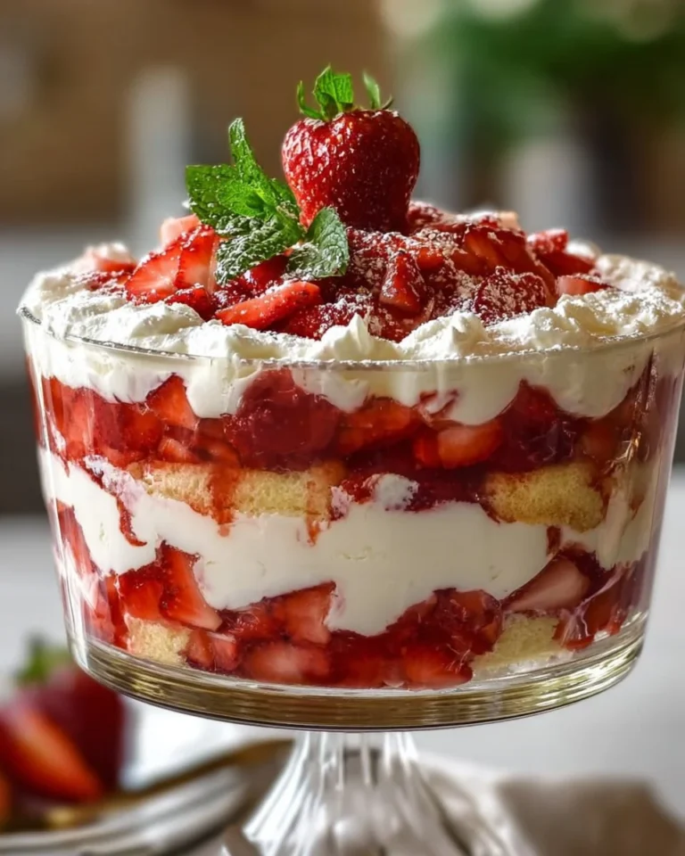 Delicious Strawberry Cheesecake Trifle layered with strawberries and cheesecake.