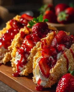 Delicious strawberry crunch cheesecake tacos served on a plate