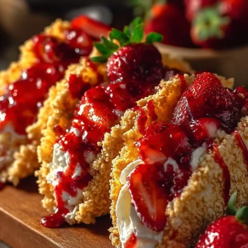 Delicious strawberry crunch cheesecake tacos served on a plate