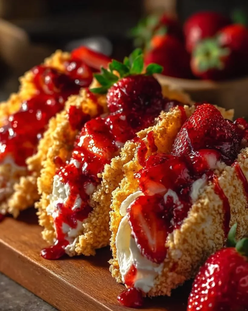 Delicious strawberry crunch cheesecake tacos served on a plate
