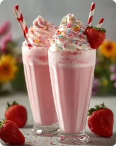 Delicious strawberry milkshake topped with whipped cream