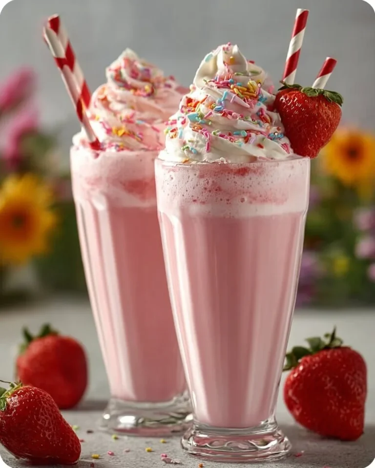 Delicious strawberry milkshake topped with whipped cream