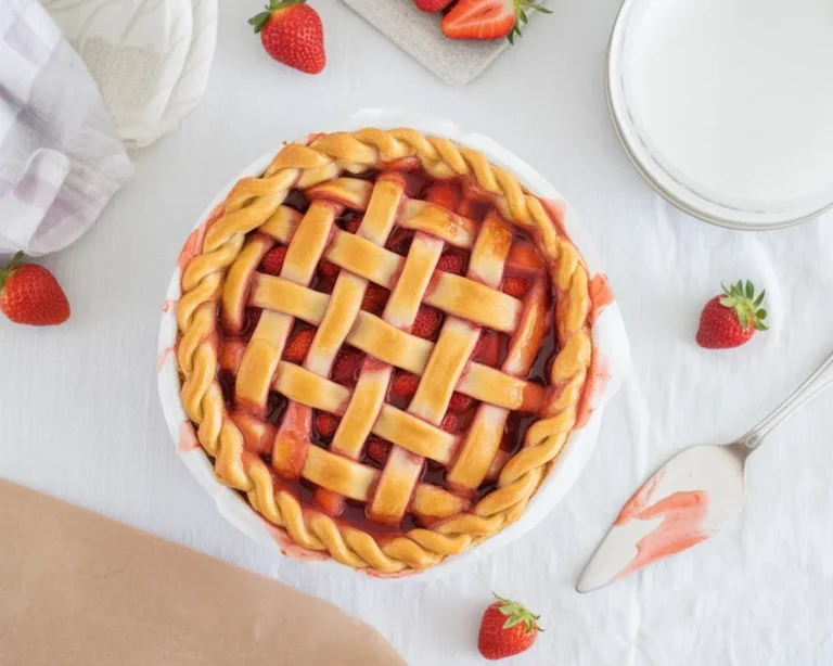 Delicious fresh strawberry pie topped with whipped cream on a rustic table.