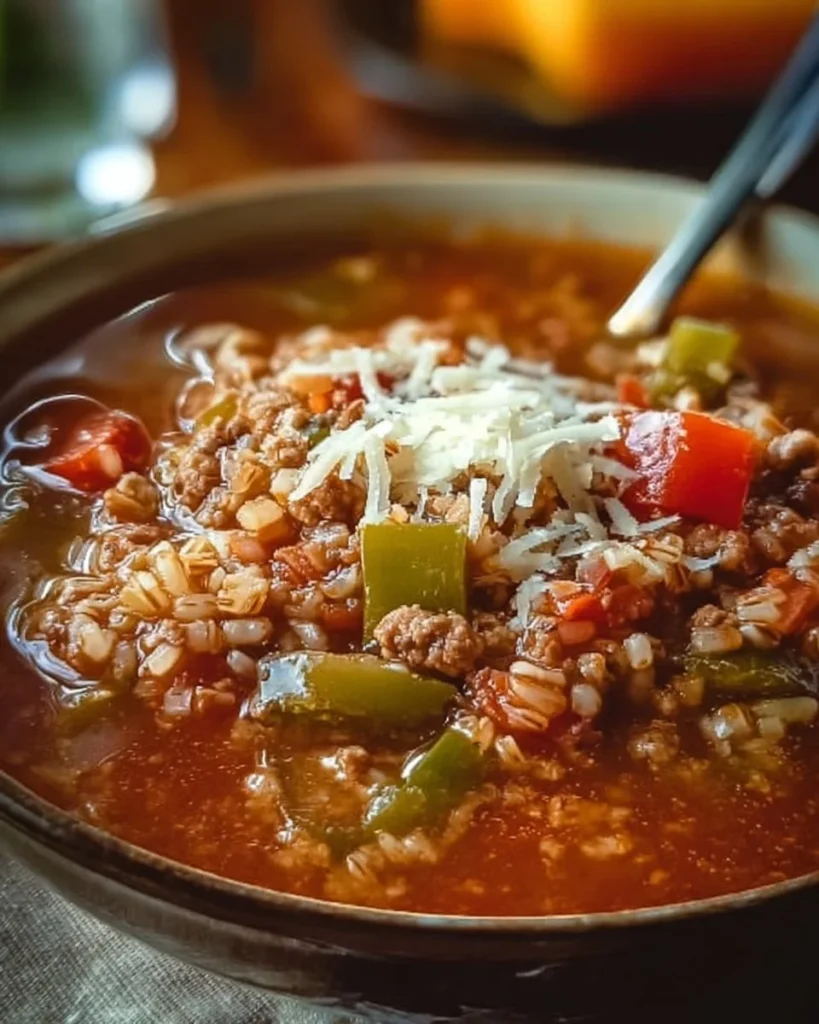 Bowl of stuffed bell pepper soup with colorful bell peppers and herbs