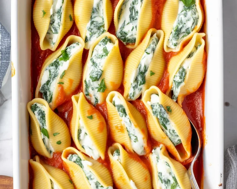 Cheesy stuffed shells recipe filled with ricotta and spinach, baked in marinara sauce.