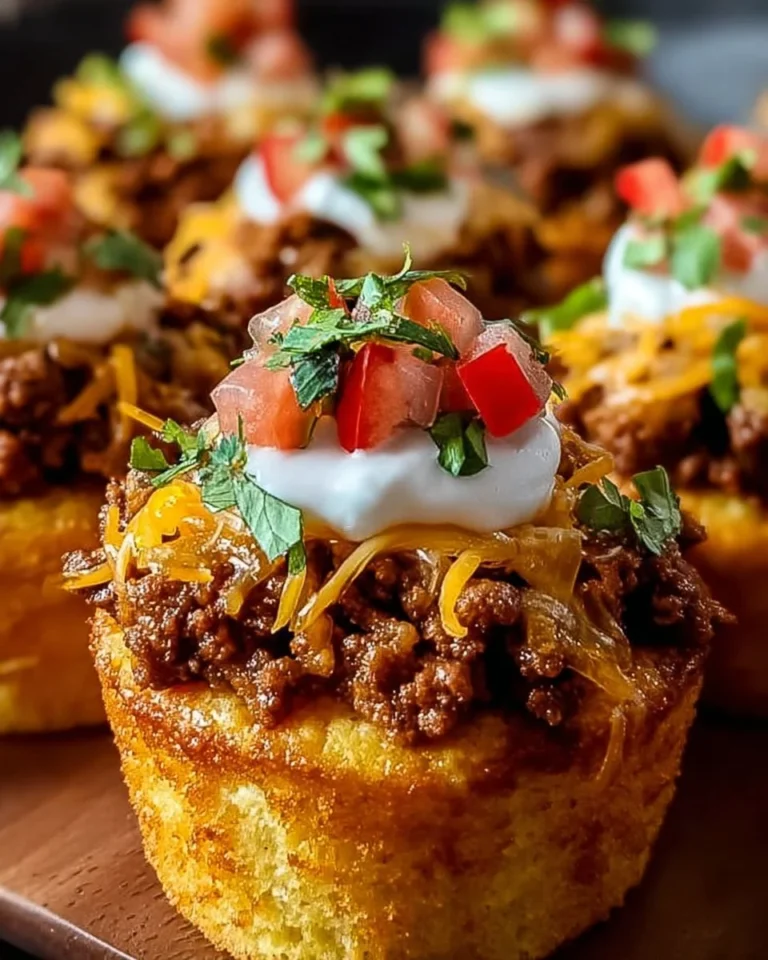 Colorful Taco Cupcakes with beef, cheese, and toppings served in muffin form.