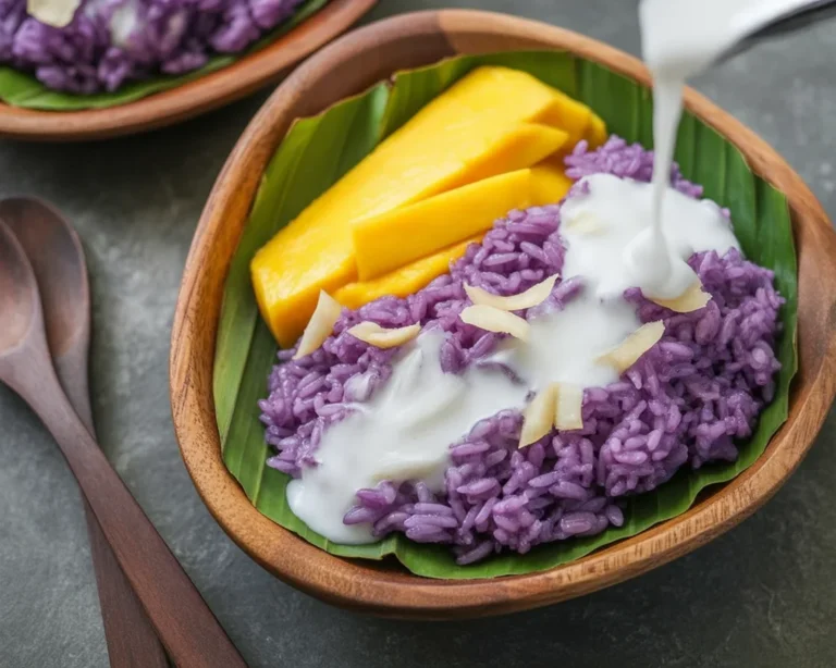 Delicious mango sticky rice topped with coconut sauce and fresh mango slices