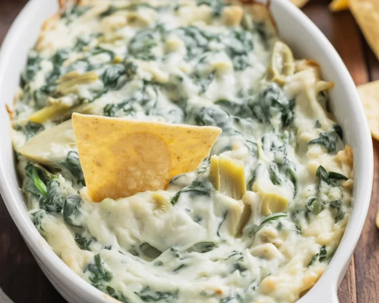 Delicious creamy artichoke dip topped with cheese served with tortilla chips.