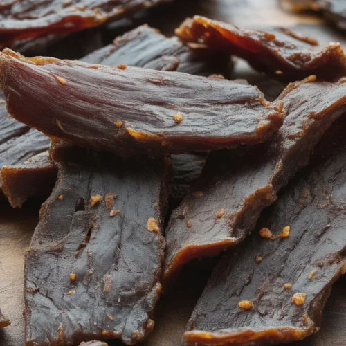 Homemade beef jerky recipe with marinade ingredients and preparation step images.