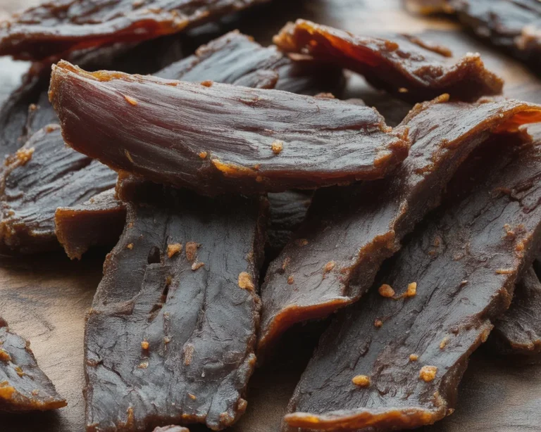 Homemade beef jerky recipe with marinade ingredients and preparation step images.