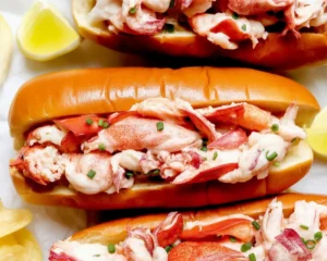 Homemade lobster rolls with sweet lobster meat, mayonnaise, and toasted buns.