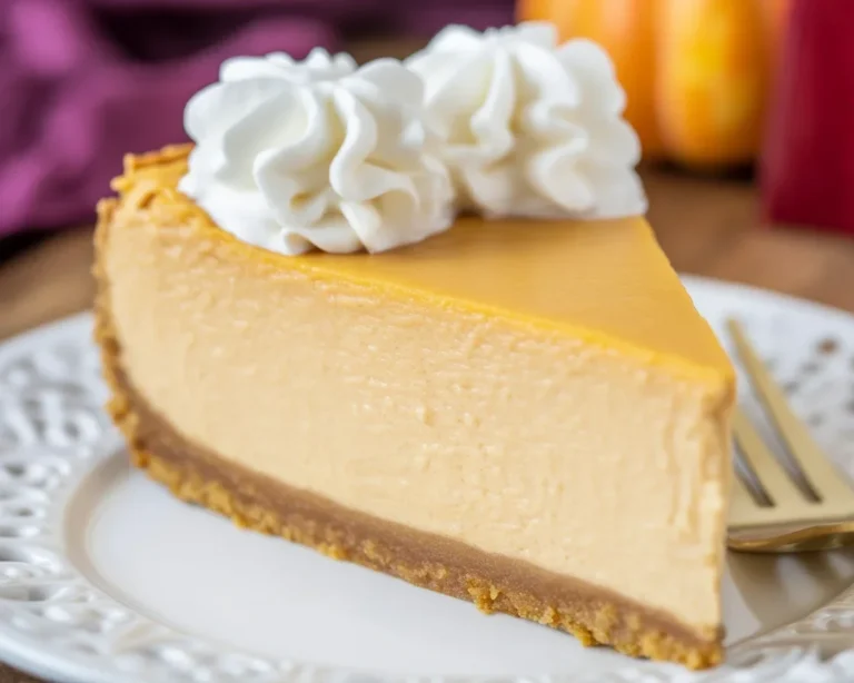 Delicious pumpkin cheesecake with graham cracker crust and pecan topping.