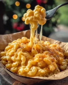 Delicious three cheese macaroni dish garnished with herbs