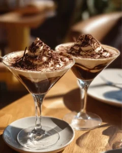 Tiramisu Espresso Martini cocktail garnished with cocoa powder and coffee beans