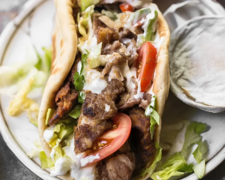 Delicious homemade gyro meat wrapped in pita with fresh toppings and tzatziki sauce.