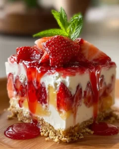 Tropical no-bake strawberry split cake with fresh strawberries and cream layers