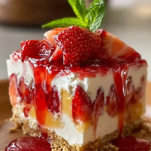 Tropical no-bake strawberry split cake with fresh strawberries and cream layers