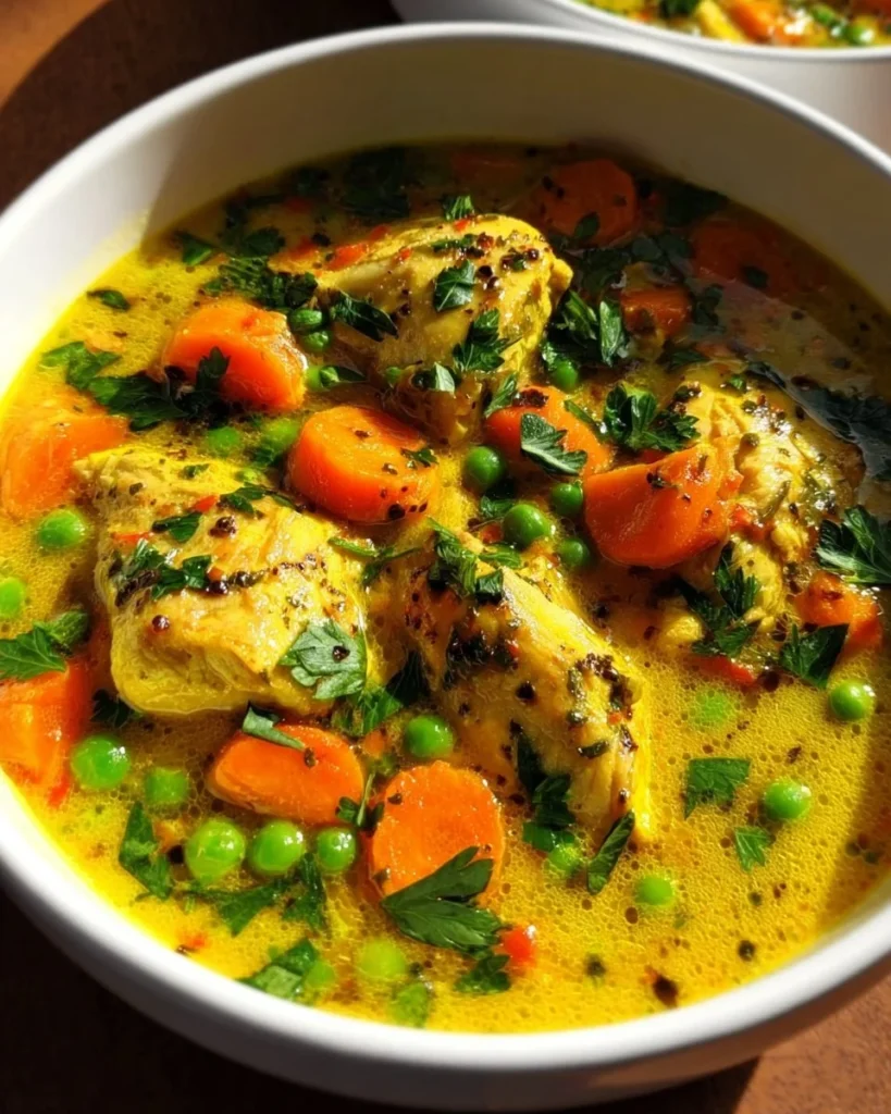 Bowl of turmeric chicken soup with fresh herbs and spices