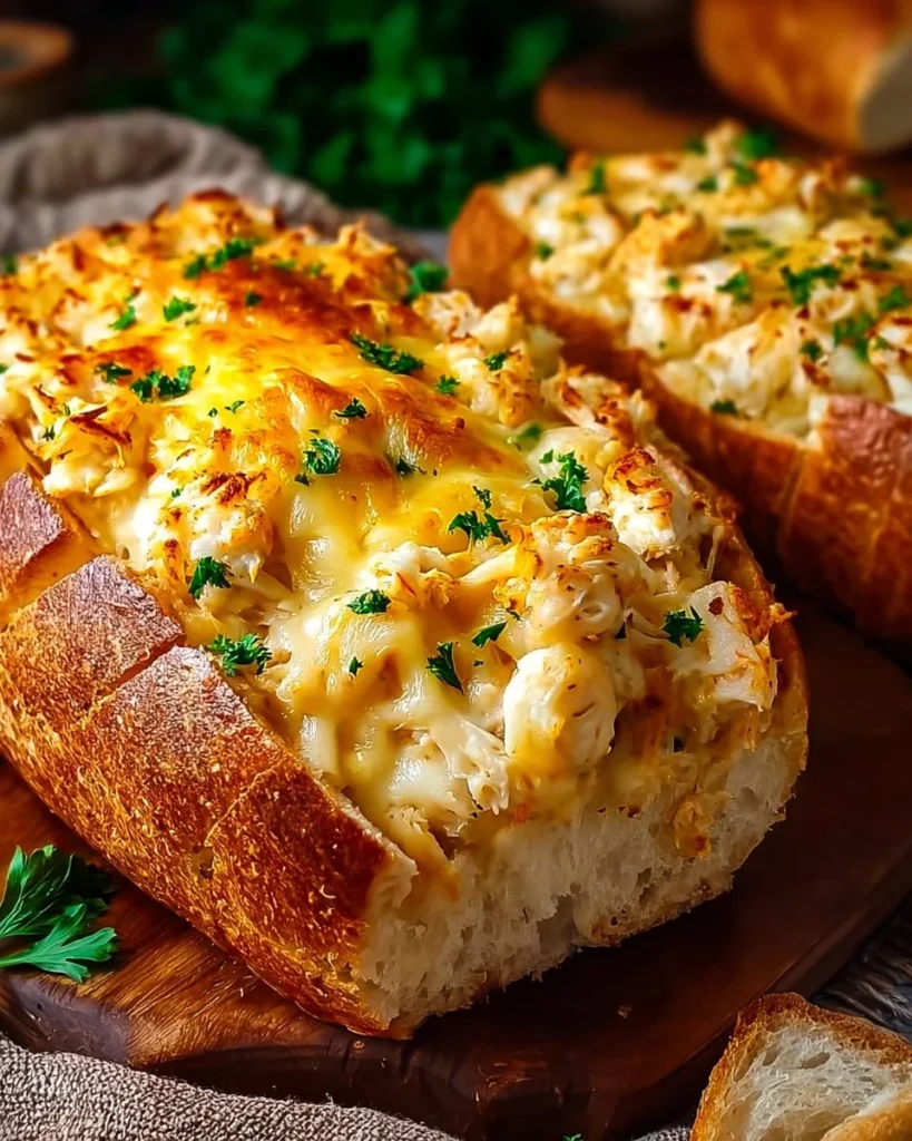 Delicious Ultimate Cracked Crab Cheese Bread topped with melted cheese and crab meat