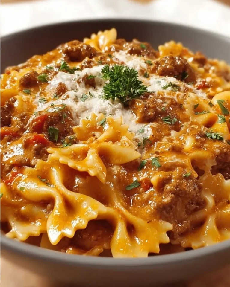 Creamy Velveeta beef bowtie pasta dish served in a bowl