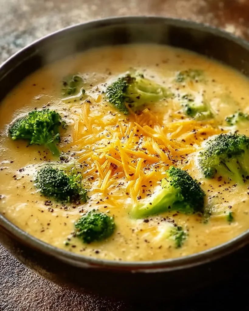 Bowl of velvety crock pot broccoli cheese soup topped with cheese and herbs