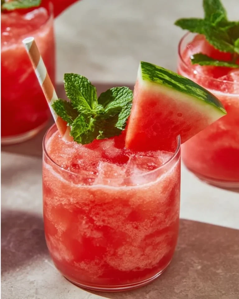 Frosty Watermelon Frozen Gin and Tonic cocktail served in a glass with a garnish.