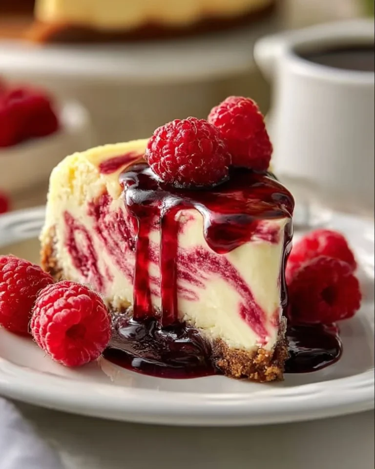 Delicious white chocolate raspberry cheesecake slice on a plate