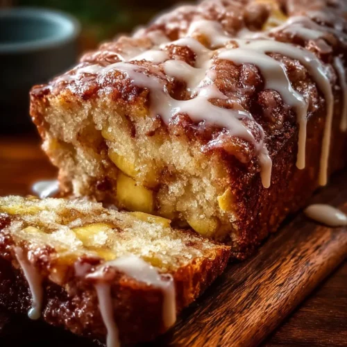 Freshly baked Amish Apple Fritter Bread with apple pieces and a glaze.