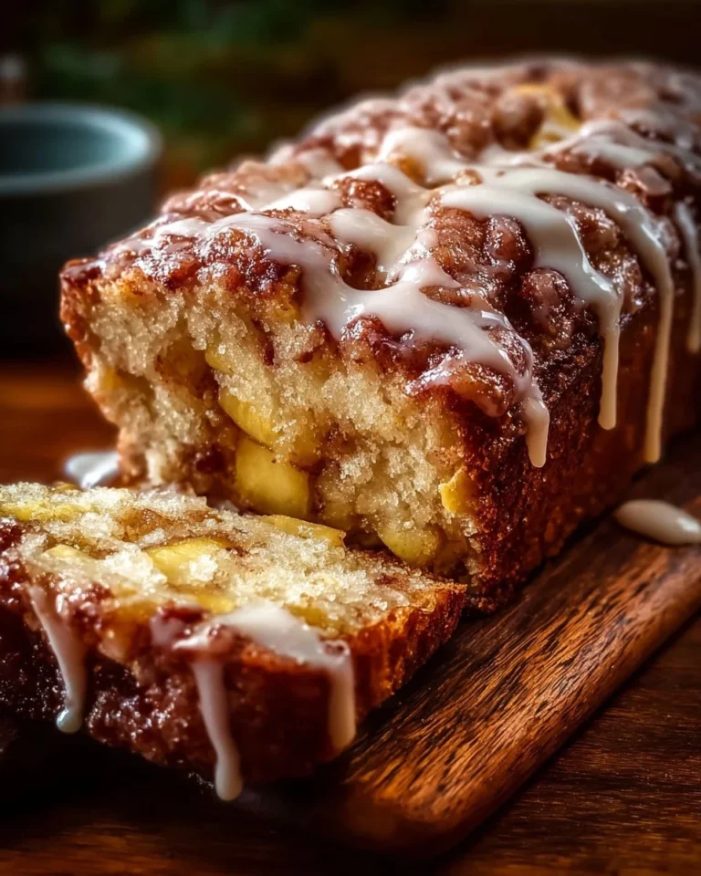 Freshly baked Amish Apple Fritter Bread with apple pieces and a glaze.