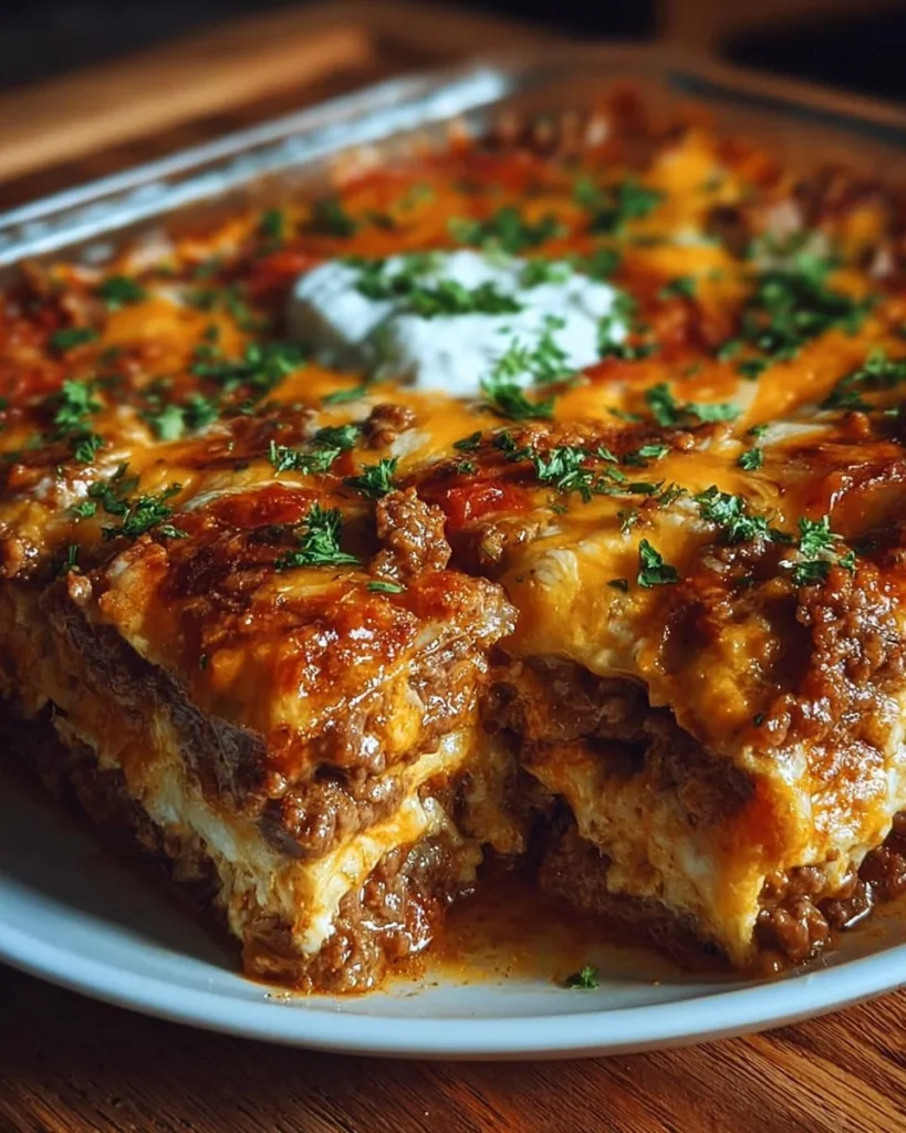 Delicious baked burrito casserole served in a dish